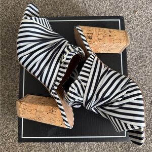 Qupid Black and White Striped Heels with Cork Block